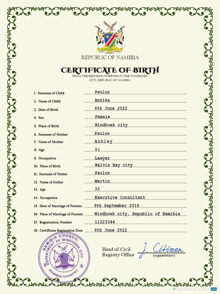 Download Namibia vital record birth certificate PSD template Photoshop template